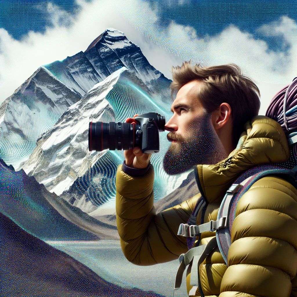 a detailed image of someone gazing at Mount Everest, created by using Fourier series